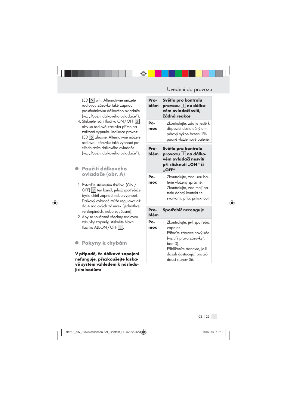 Uvedení do provozu, Použití dálkového ovladače (obr. a), Pokyny k chybám | Silvercrest Electrical Sockets User Manual | Page 25 / 45