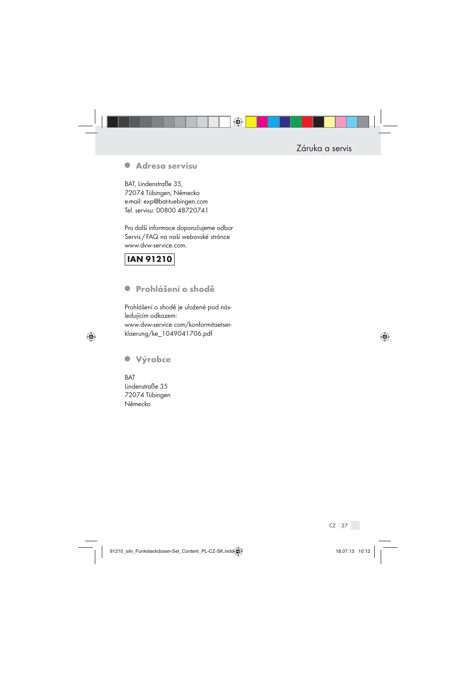 Záruka a servis, Adresa servisu, Prohlášení o shodě | Výrobce | Silvercrest Electrical Sockets User Manual | Page 27 / 45