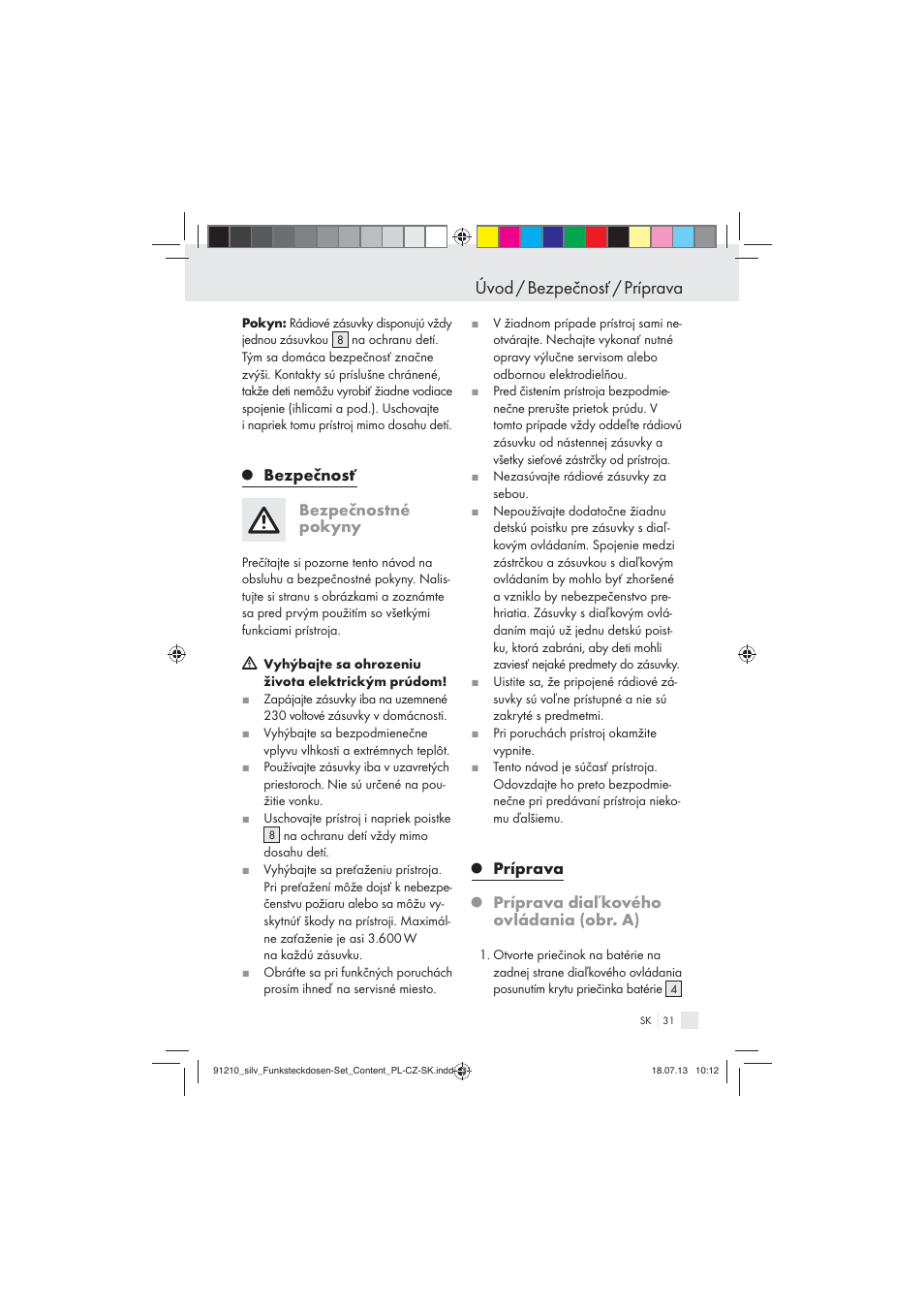 Úvod / bezpečnosť / príprava, Bezpečnosť, Bezpečnostné pokyny | Príprava, Príprava diaľkového ovládania (obr. a) | Silvercrest Electrical Sockets User Manual | Page 31 / 45