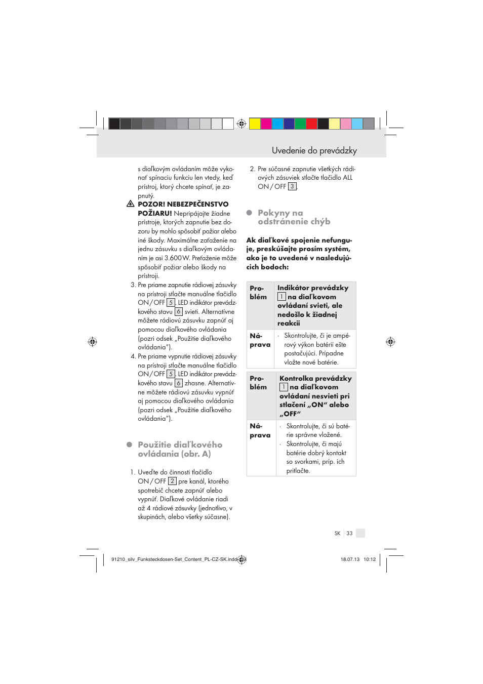 Uvedenie do prevádzky, Použitie diaľkového ovládania (obr. a), Pokyny na odstránenie chýb | Silvercrest Electrical Sockets User Manual | Page 33 / 45