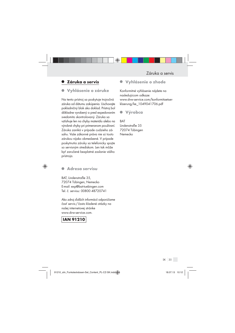 Záruka a servis, Vyhlásenie o záruke, Adresa servisu | Vyhlásenie o zhode, Výrobca | Silvercrest Electrical Sockets User Manual | Page 35 / 45