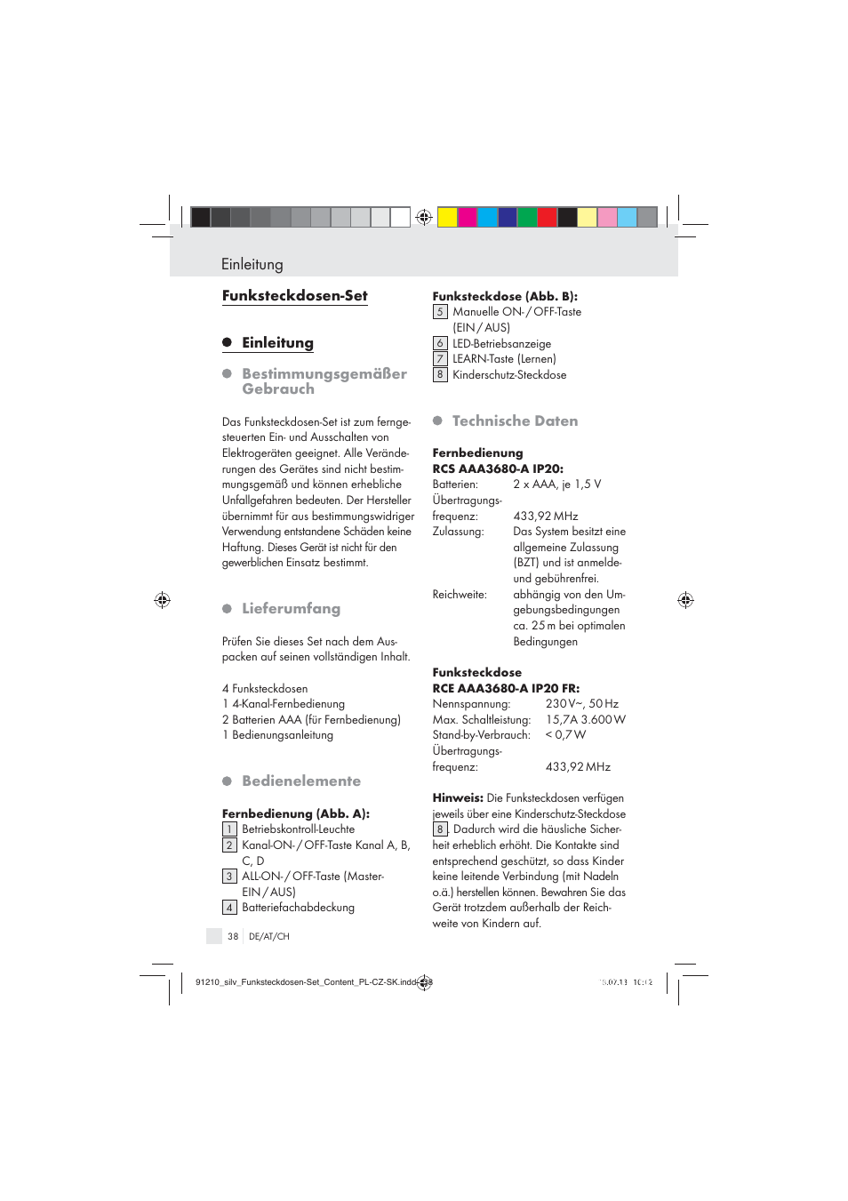 Einleitung, Lieferumfang, Bedienelemente | Technische daten | Silvercrest Electrical Sockets User Manual | Page 38 / 45