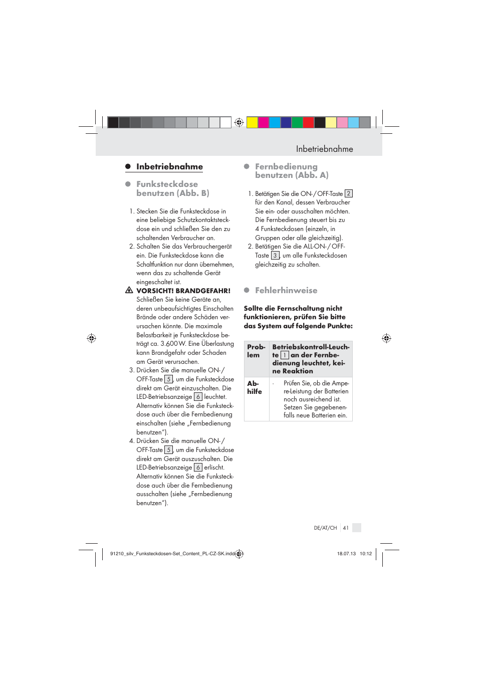 Inbetriebnahme, Inbetriebnahme funksteckdose benutzen (abb. b), Fernbedienung benutzen (abb. a) | Fehlerhinweise | Silvercrest Electrical Sockets User Manual | Page 41 / 45