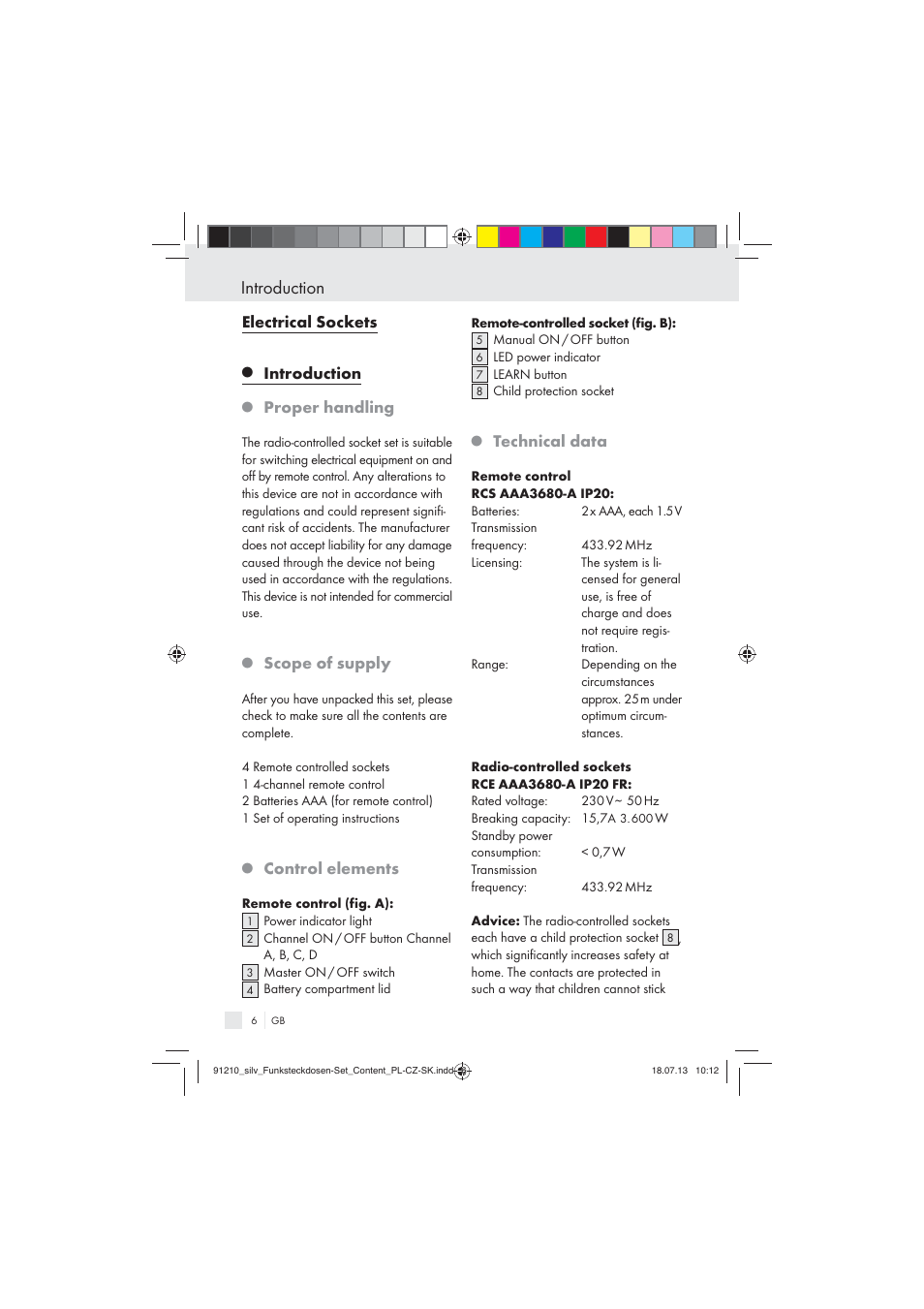 Introduction, Electrical sockets, Proper handling | Scope of supply, Control elements, Technical data | Silvercrest Electrical Sockets User Manual | Page 6 / 45