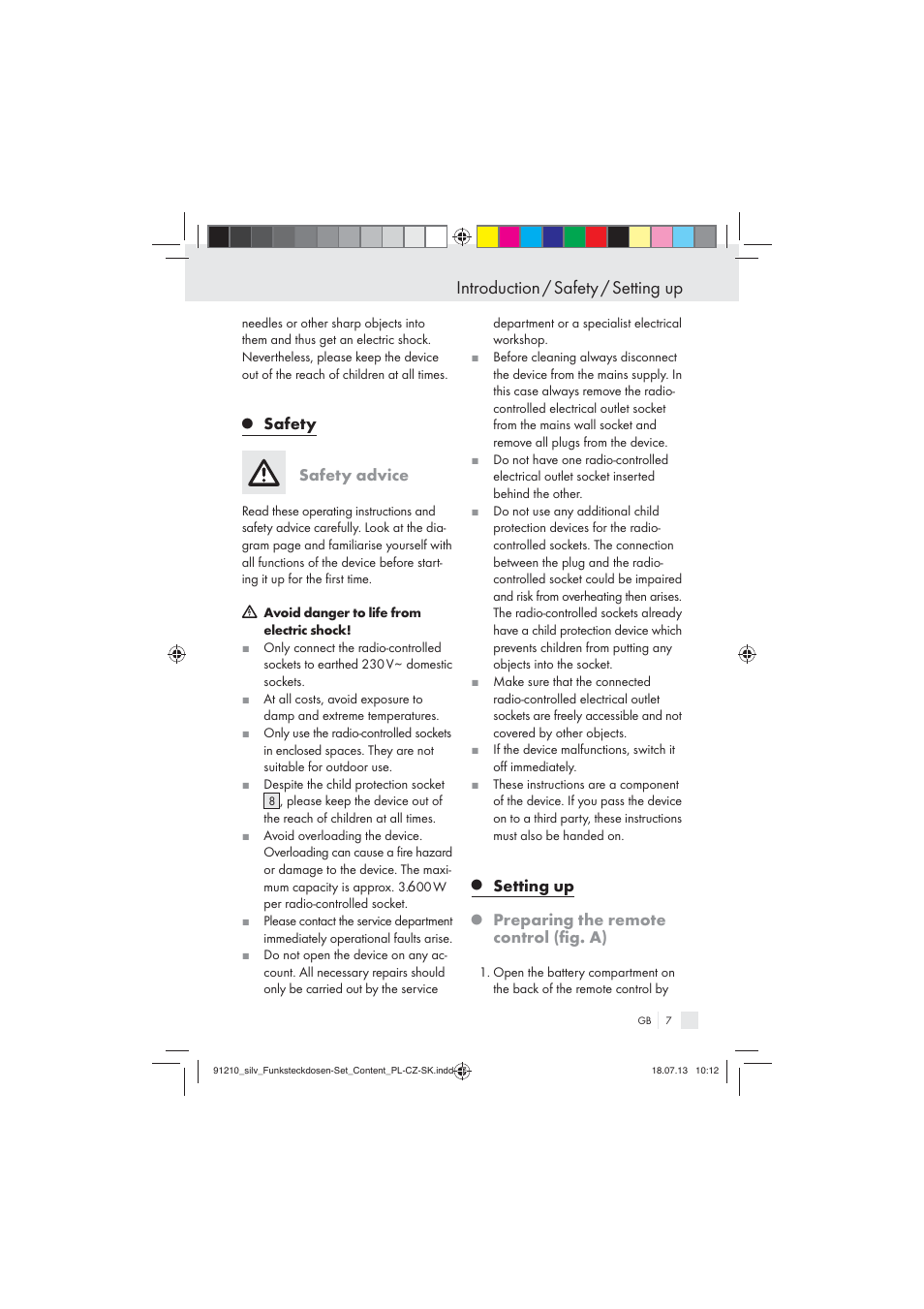Introduction / safety / setting up, Safety, Safety advice | Setting up, Preparing the remote control (ﬁg. a) | Silvercrest Electrical Sockets User Manual | Page 7 / 45