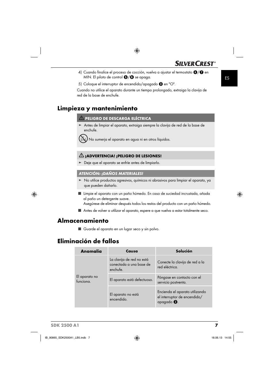 Limpieza y mantenimiento, Almacenamiento, Eliminación de fallos | Silvercrest SDK 2500 A1 User Manual | Page 10 / 41