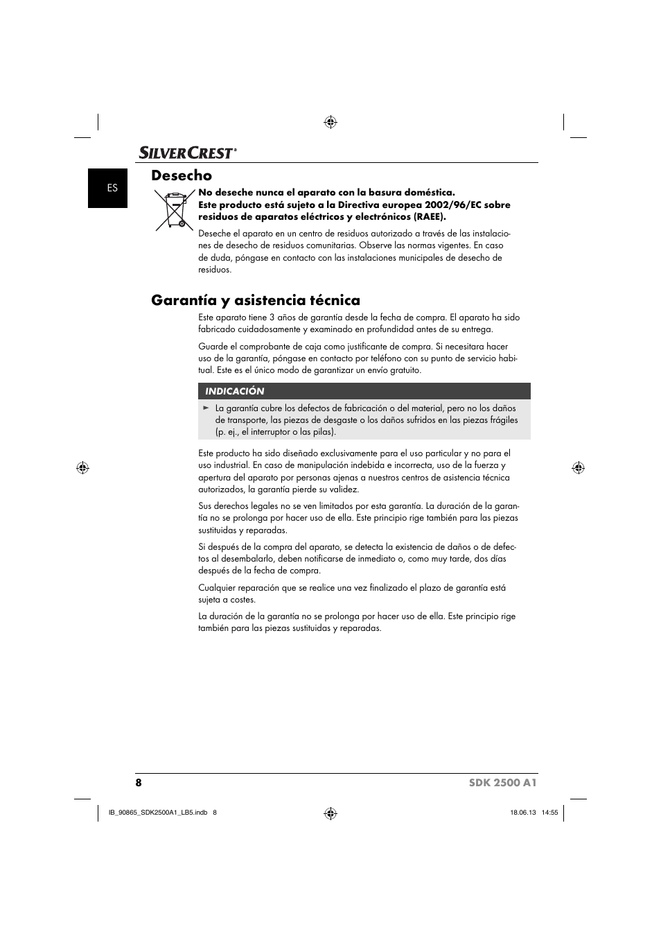 Desecho, Garantía y asistencia técnica | Silvercrest SDK 2500 A1 User Manual | Page 11 / 41