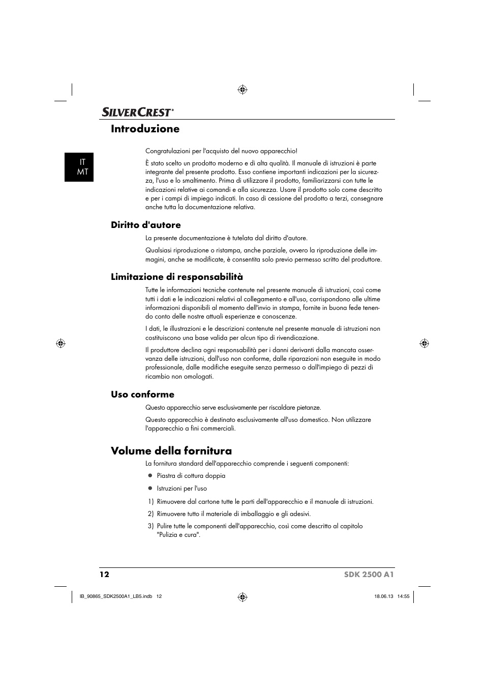 Introduzione, Volume della fornitura, Diritto d'autore | Limitazione di responsabilità, Uso conforme, It mt | Silvercrest SDK 2500 A1 User Manual | Page 15 / 41