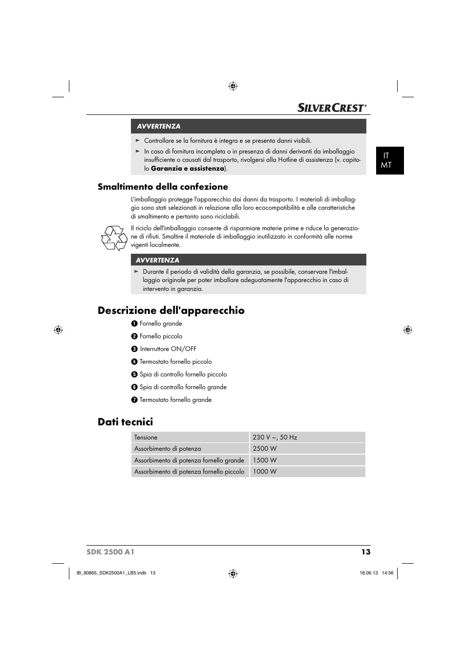 Descrizione dell'apparecchio, Dati tecnici, Smaltimento della confezione | It mt | Silvercrest SDK 2500 A1 User Manual | Page 16 / 41
