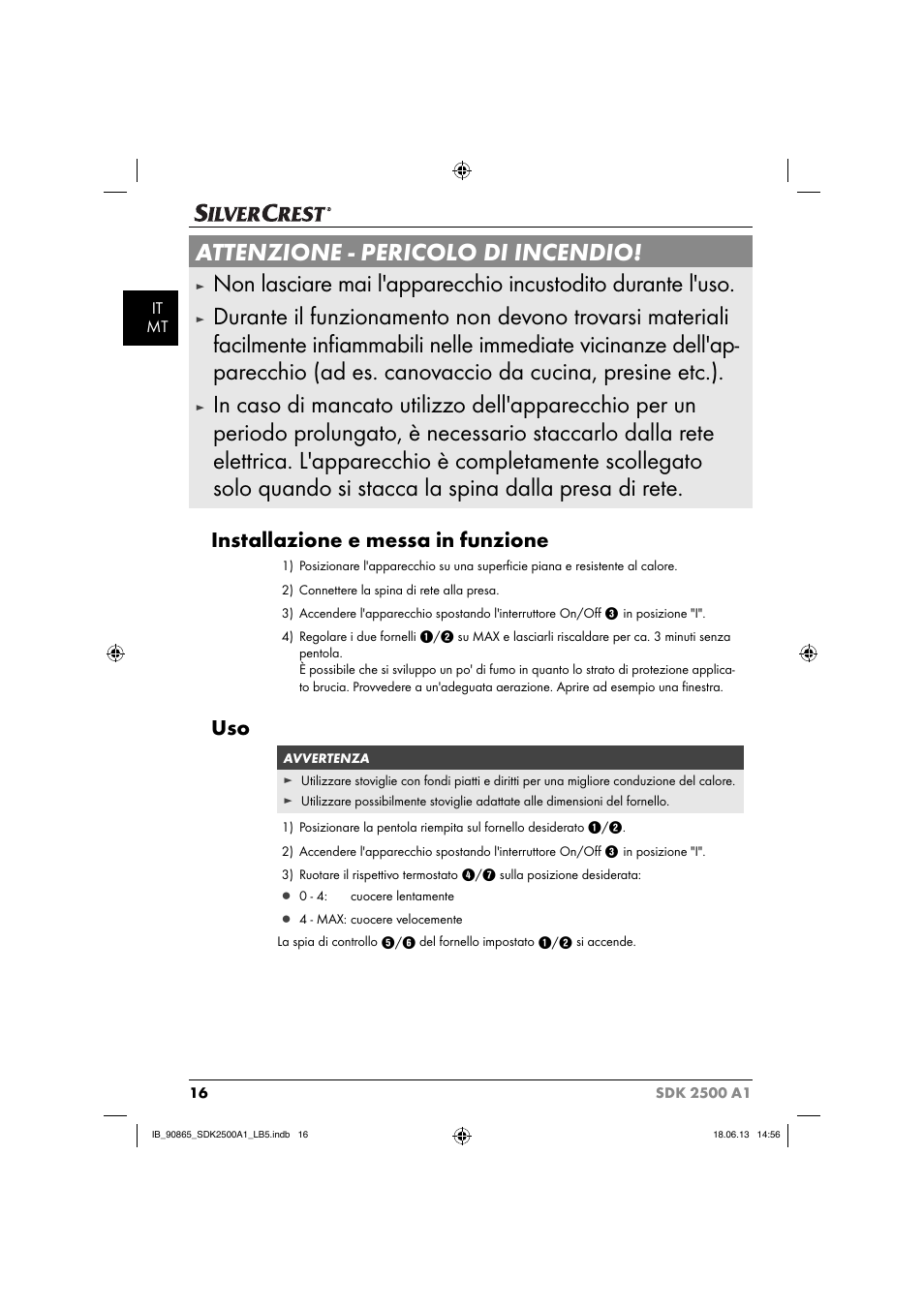 Attenzione - pericolo di incendio, Installazione e messa in funzione | Silvercrest SDK 2500 A1 User Manual | Page 19 / 41