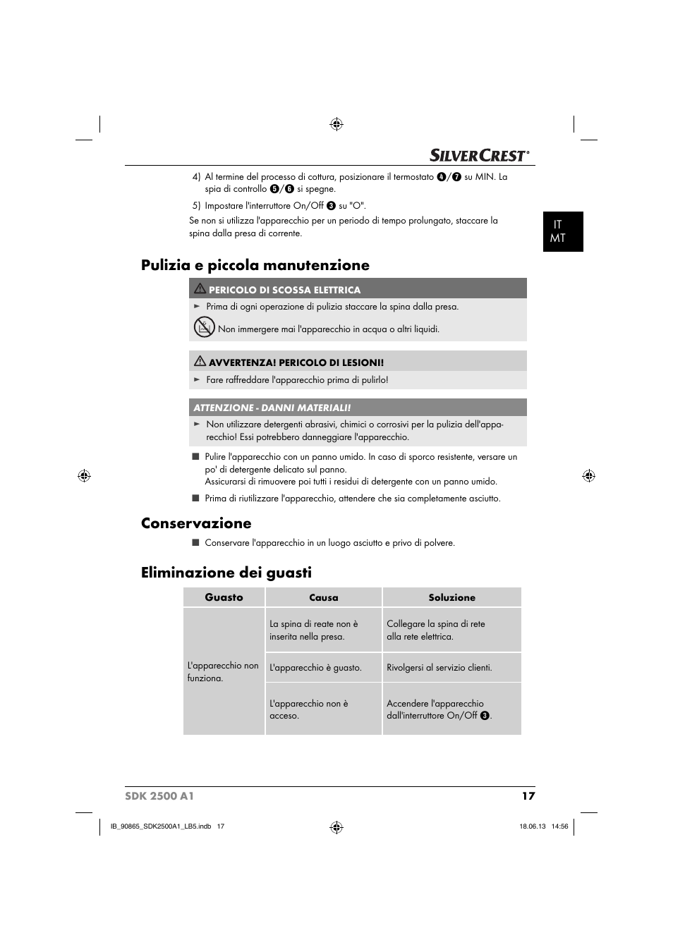 Pulizia e piccola manutenzione, Conservazione, Eliminazione dei guasti | It mt | Silvercrest SDK 2500 A1 User Manual | Page 20 / 41