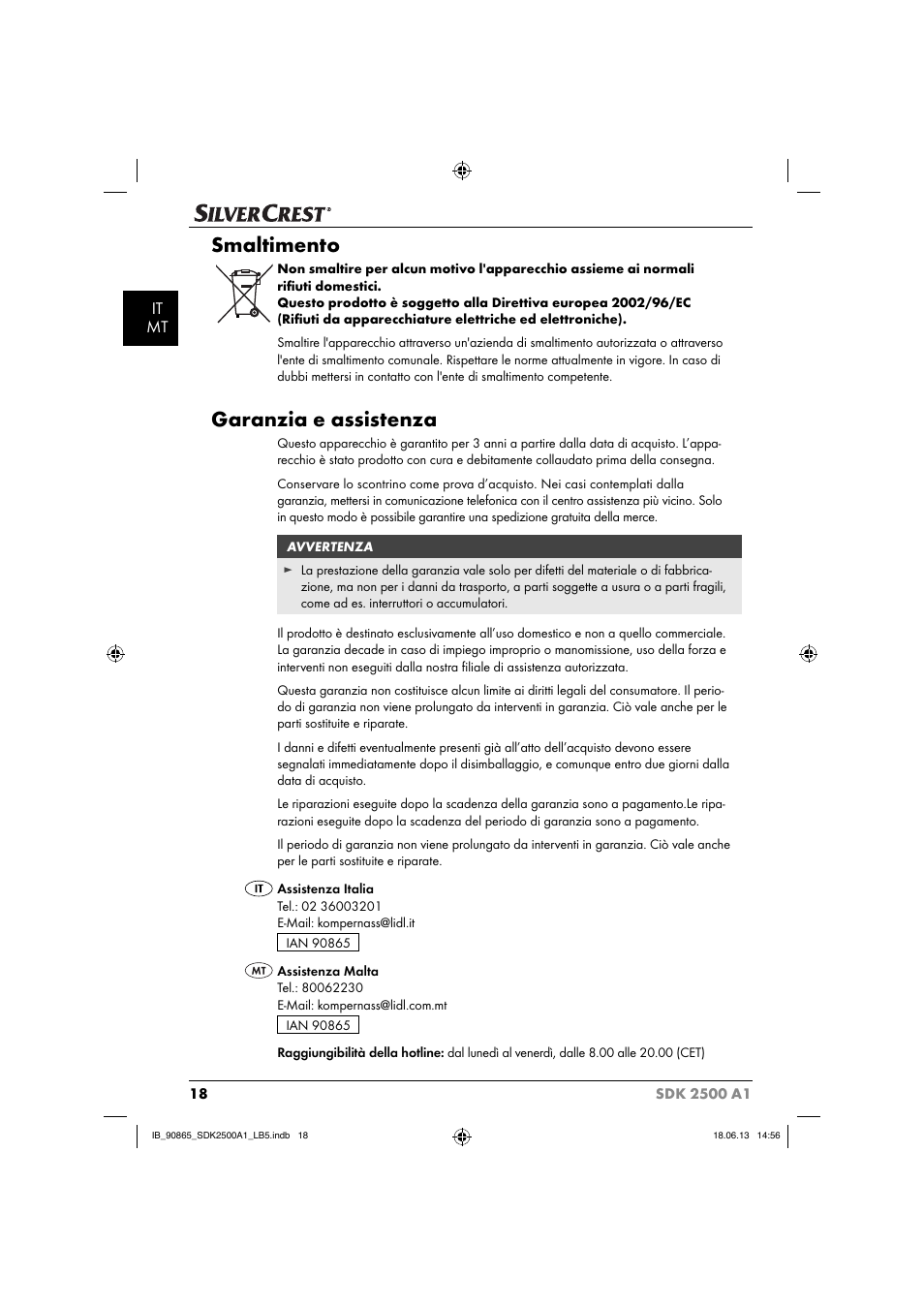 Smaltimento, Garanzia e assistenza, It mt | Silvercrest SDK 2500 A1 User Manual | Page 21 / 41