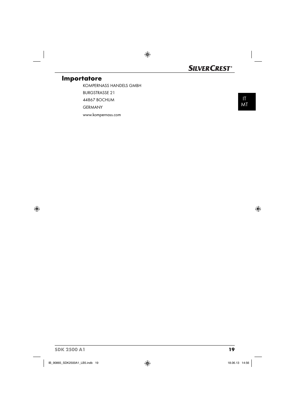 Importatore, It mt | Silvercrest SDK 2500 A1 User Manual | Page 22 / 41