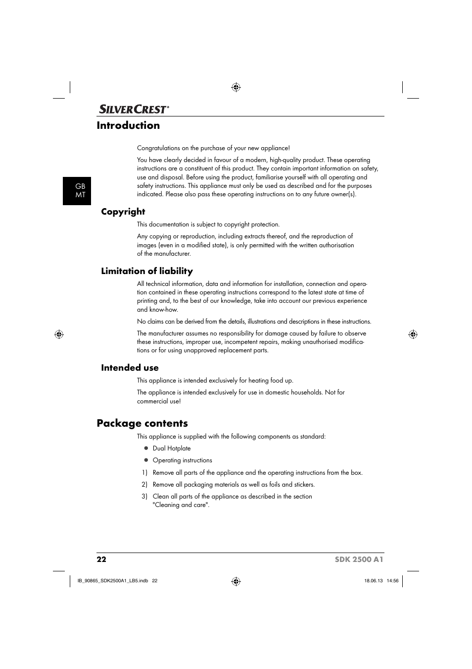 Introduction, Package contents, Copyright | Limitation of liability, Intended use | Silvercrest SDK 2500 A1 User Manual | Page 25 / 41