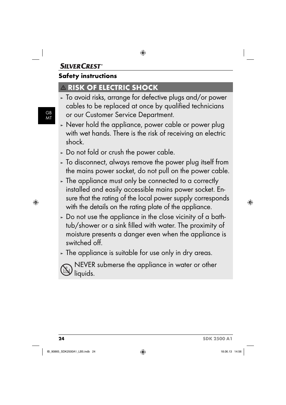 Risk of electric shock, Do not fold or crush the power cable, Safety instructions | Silvercrest SDK 2500 A1 User Manual | Page 27 / 41