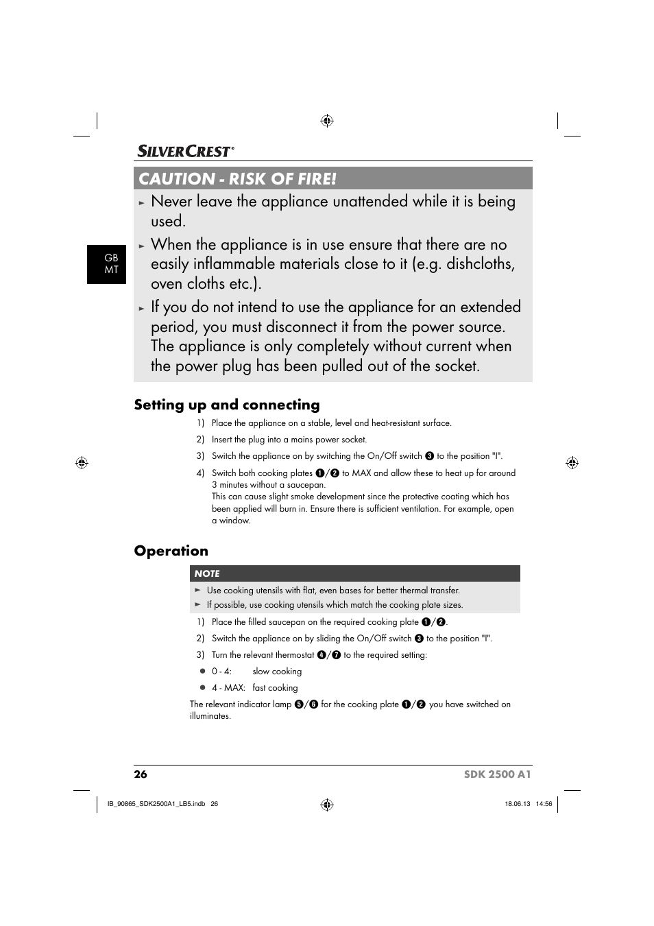 Caution - risk of fire, Setting up and connecting, Operation | Silvercrest SDK 2500 A1 User Manual | Page 29 / 41