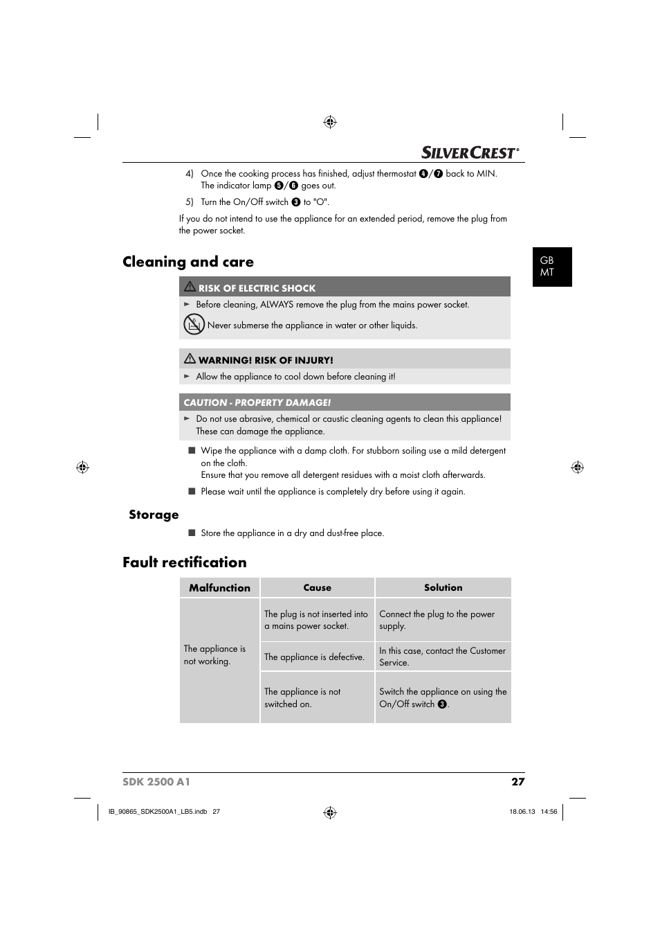 Cleaning and care, Fault rectiﬁ cation, Storage | Silvercrest SDK 2500 A1 User Manual | Page 30 / 41