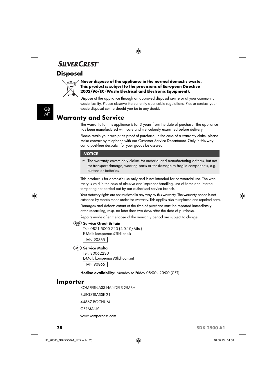 Disposal, Warranty and service, Importer | Silvercrest SDK 2500 A1 User Manual | Page 31 / 41