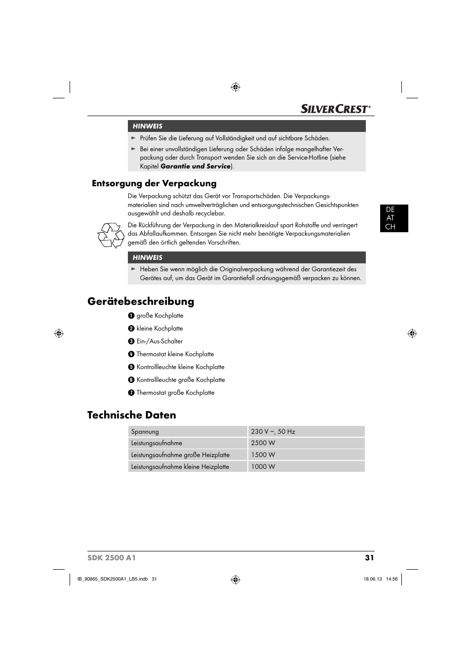 Gerätebeschreibung, Technische daten, Entsorgung der verpackung | Silvercrest SDK 2500 A1 User Manual | Page 34 / 41