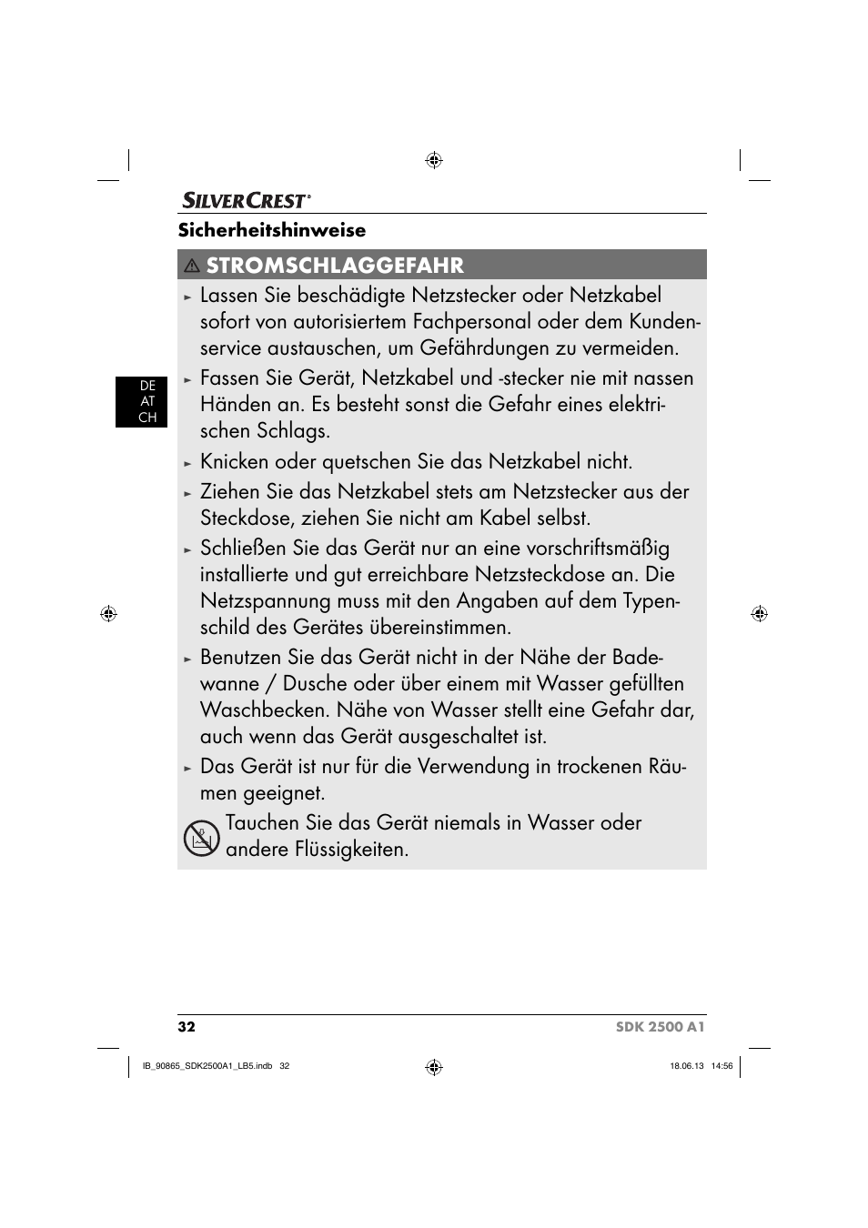 Stromschlaggefahr, Knicken oder quetschen sie das netzkabel nicht, Sicherheitshinweise | Silvercrest SDK 2500 A1 User Manual | Page 35 / 41