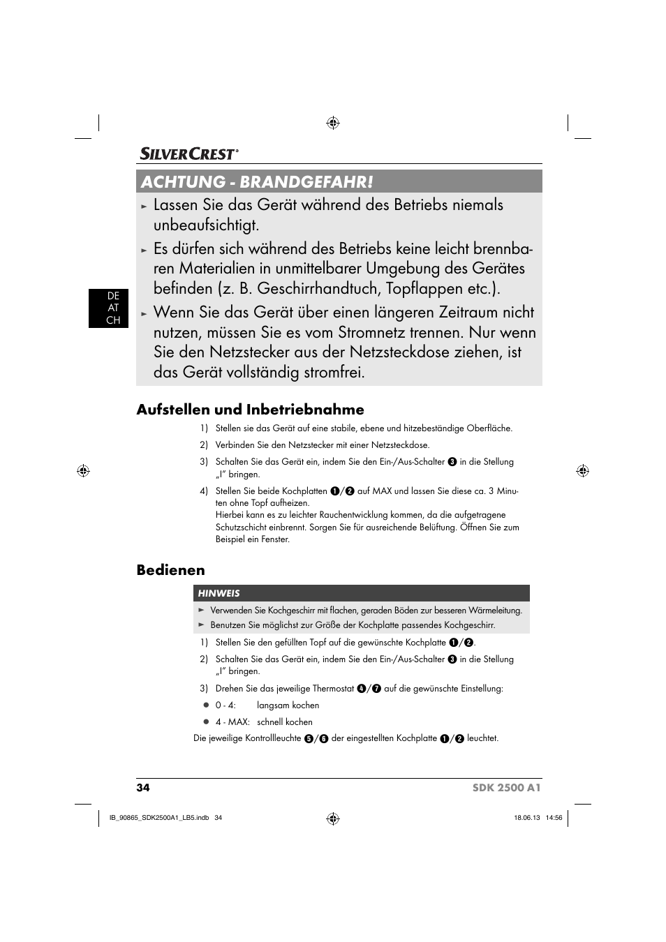 Achtung - brandgefahr, Aufstellen und inbetriebnahme, Bedienen | Silvercrest SDK 2500 A1 User Manual | Page 37 / 41