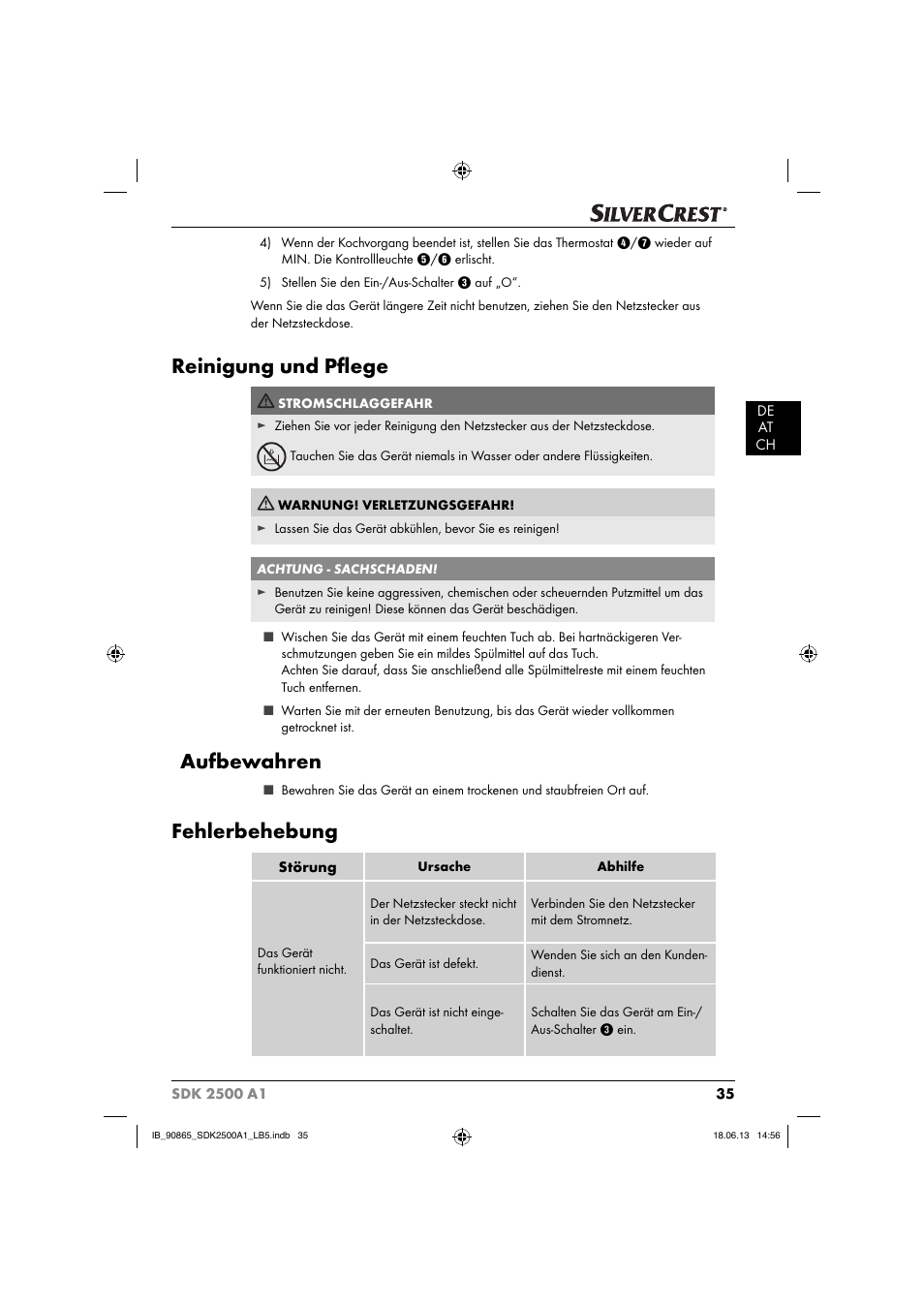 Reinigung und pﬂ ege, Aufbewahren, Fehlerbehebung | Silvercrest SDK 2500 A1 User Manual | Page 38 / 41