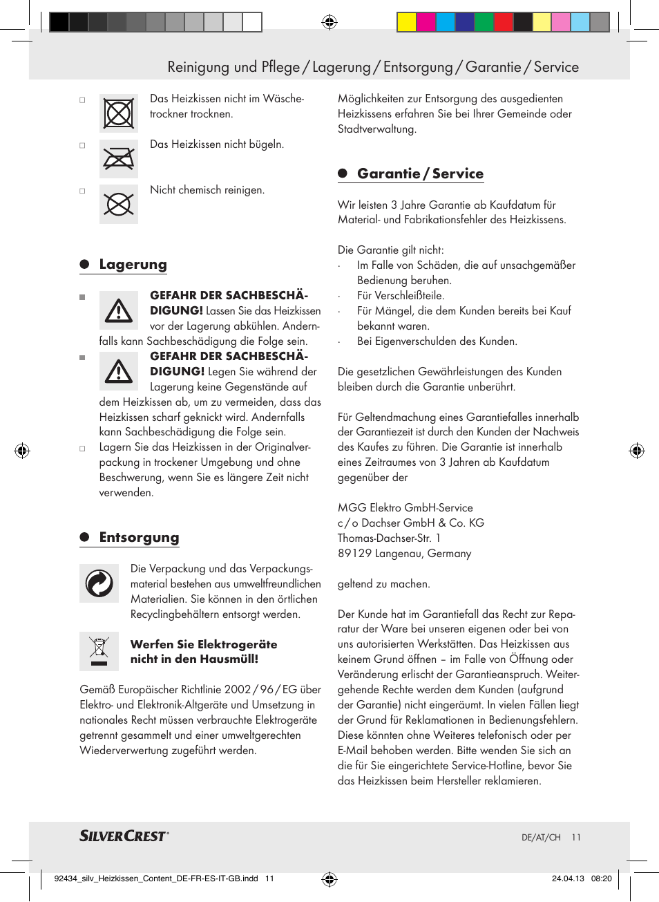 Lagerung, Entsorgung, Garantie / service | Silvercrest SHK 100 C3 User Manual | Page 11 / 45