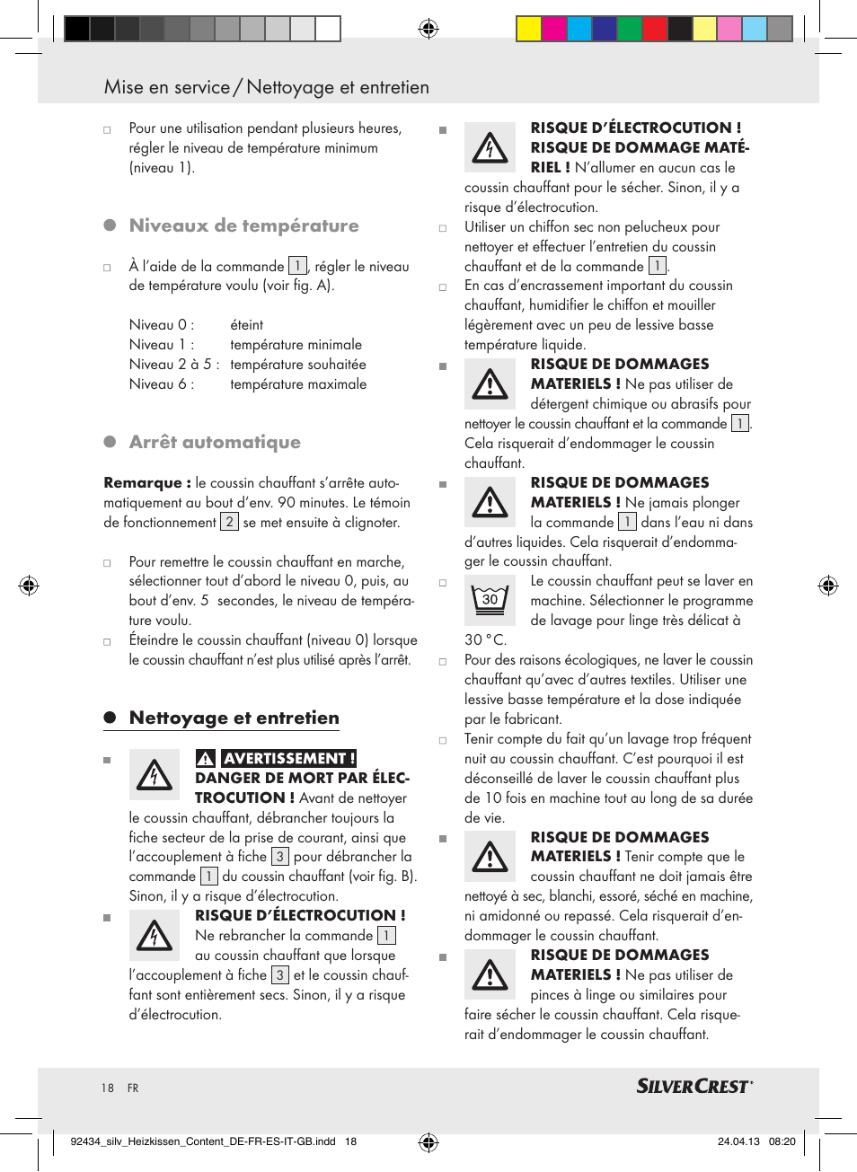 Mise en service / nettoyage et entretien, Niveaux de température, Arrêt automatique | Nettoyage et entretien | Silvercrest SHK 100 C3 User Manual | Page 18 / 45