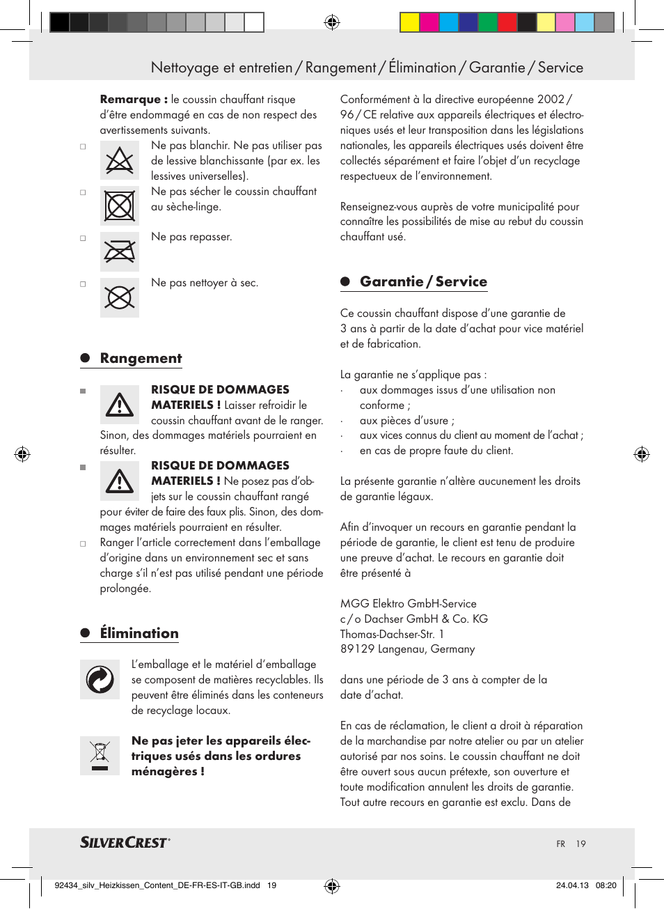 Rangement, Élimination, Garantie / service | Silvercrest SHK 100 C3 User Manual | Page 19 / 45