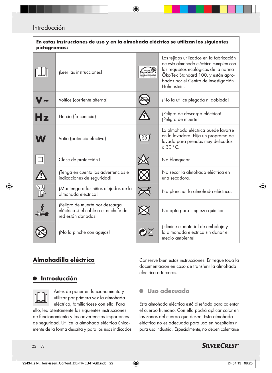 Introducción, Almohadilla eléctrica introducción, Uso adecuado | Silvercrest SHK 100 C3 User Manual | Page 22 / 45