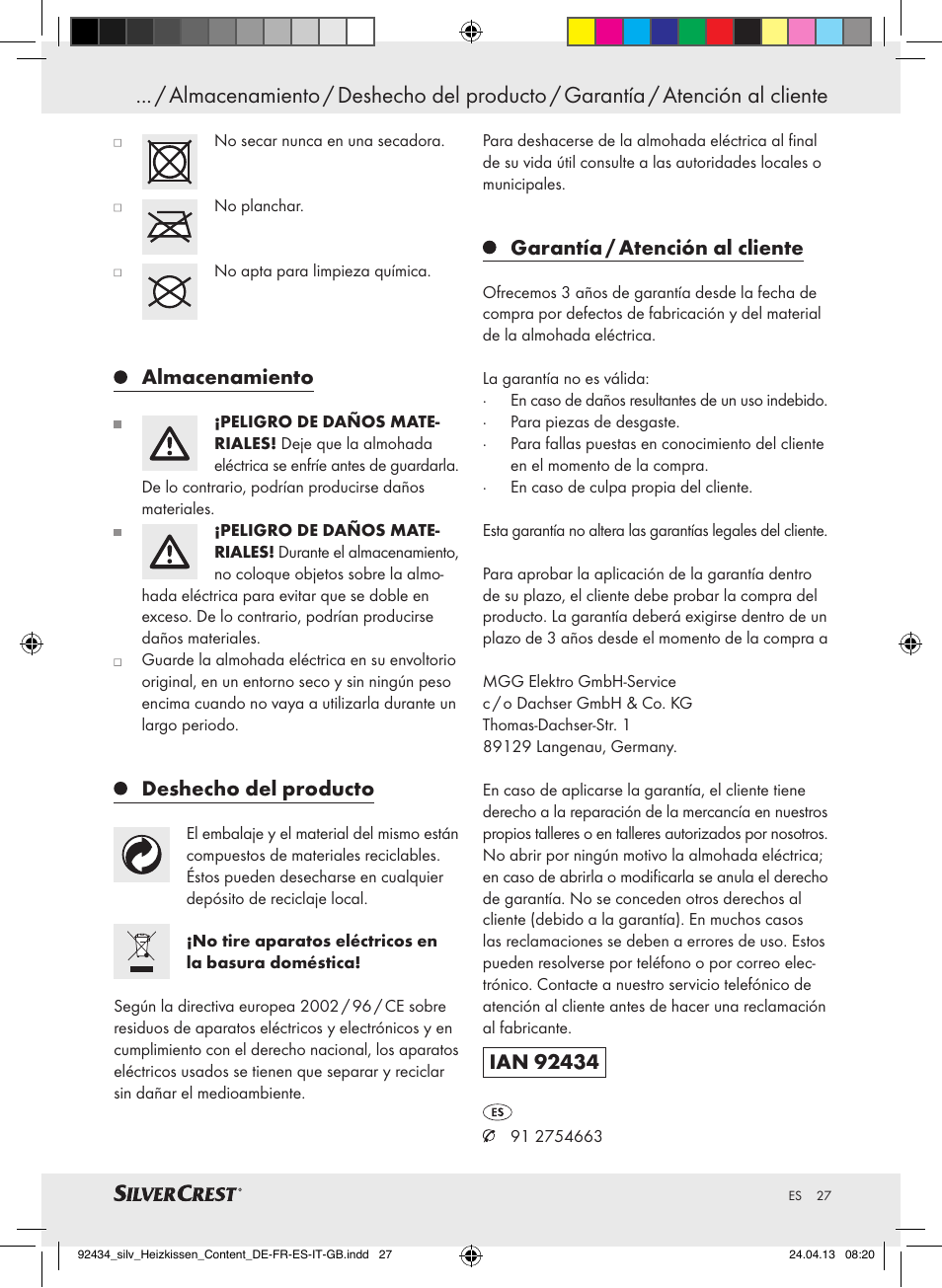 Almacenamiento, Deshecho del producto, Garantía / atención al cliente | Silvercrest SHK 100 C3 User Manual | Page 27 / 45