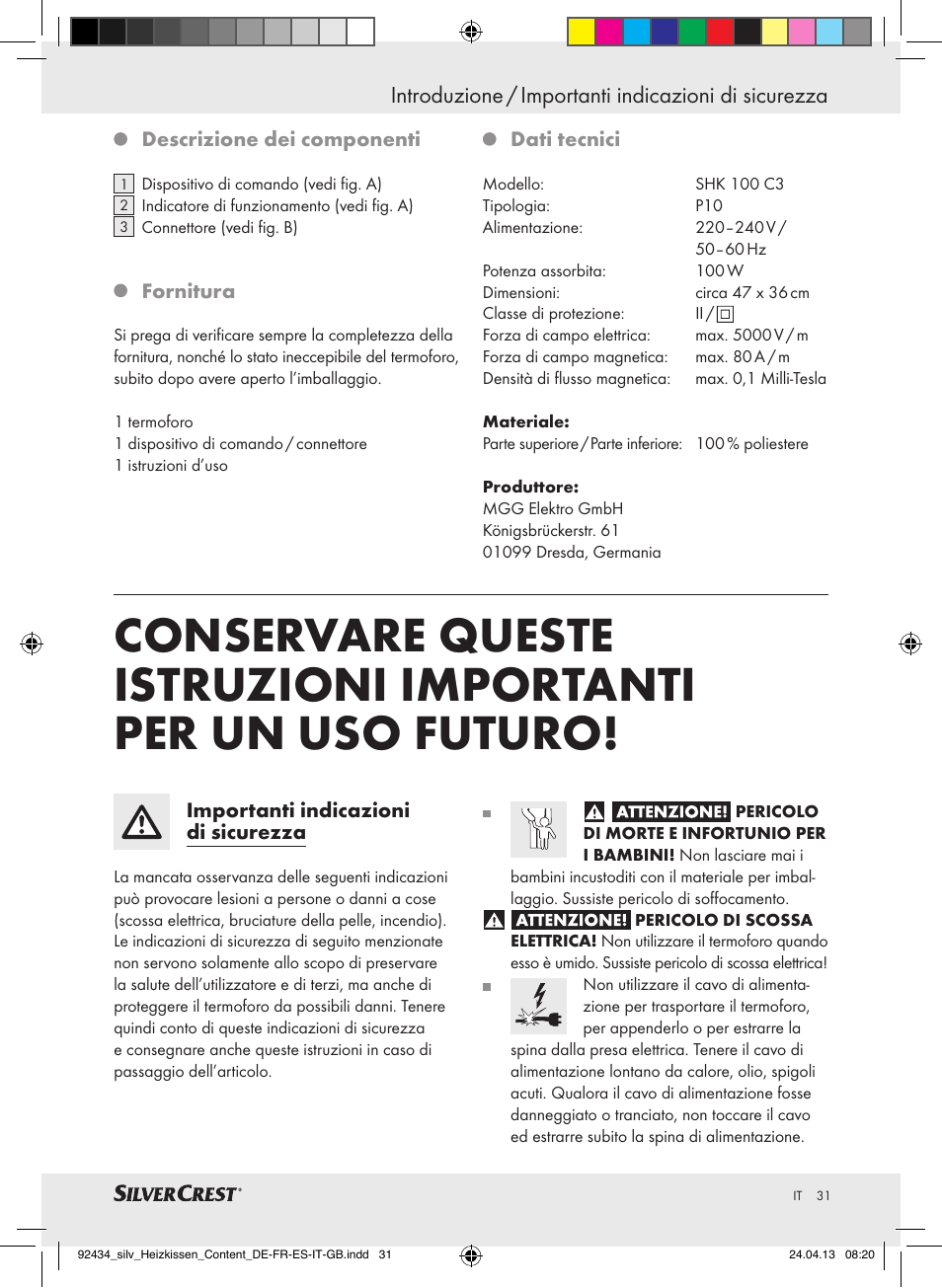 Introduzione / importanti indicazioni di sicurezza | Silvercrest SHK 100 C3 User Manual | Page 31 / 45
