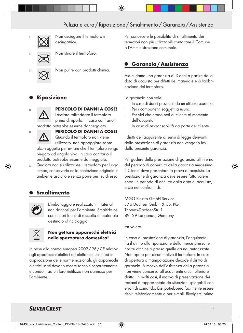 Riposizione, Smaltimento, Garanzia / assistenza | Silvercrest SHK 100 C3 User Manual | Page 35 / 45