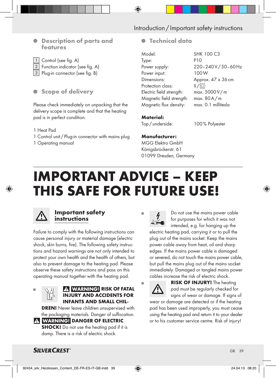 Important advice – keep this safe for future use, Introduction / important safety instructions | Silvercrest SHK 100 C3 User Manual | Page 39 / 45
