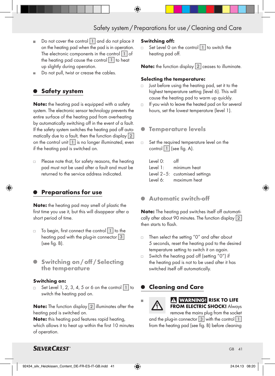 Safety system, Preparations for use, Switching on / off / selecting the temperature | Temperature levels, Automatic switch-off, Cleaning and care | Silvercrest SHK 100 C3 User Manual | Page 41 / 45