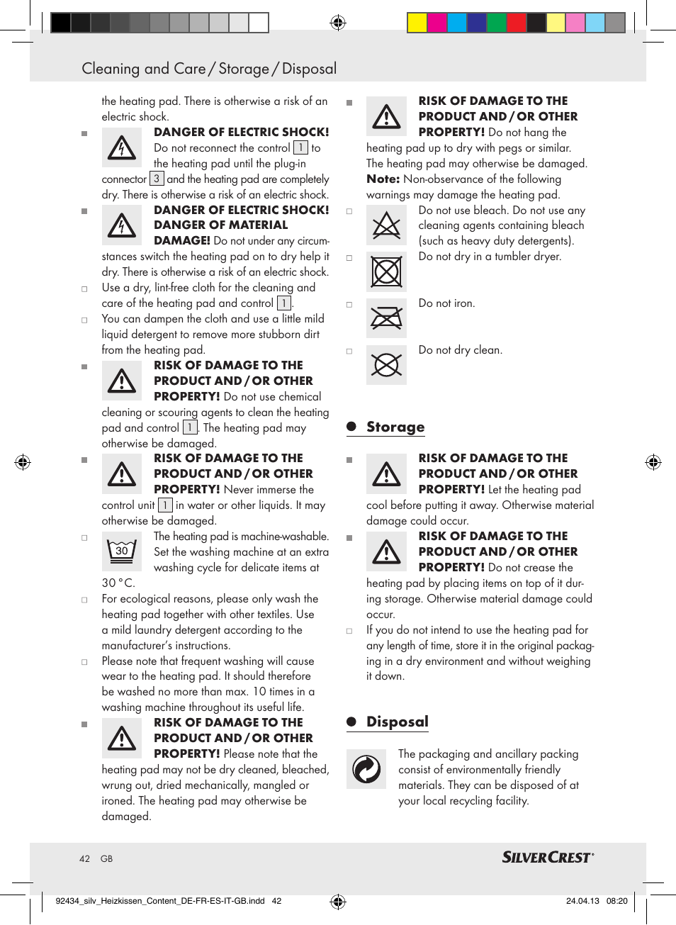 Cleaning and care / storage / disposal, Storage, Disposal | Silvercrest SHK 100 C3 User Manual | Page 42 / 45