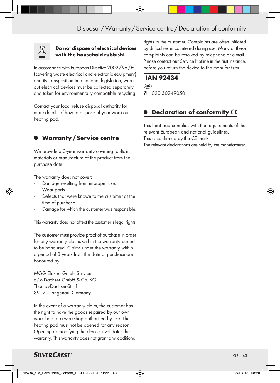 Warranty / service centre, Declaration of conformity | Silvercrest SHK 100 C3 User Manual | Page 43 / 45