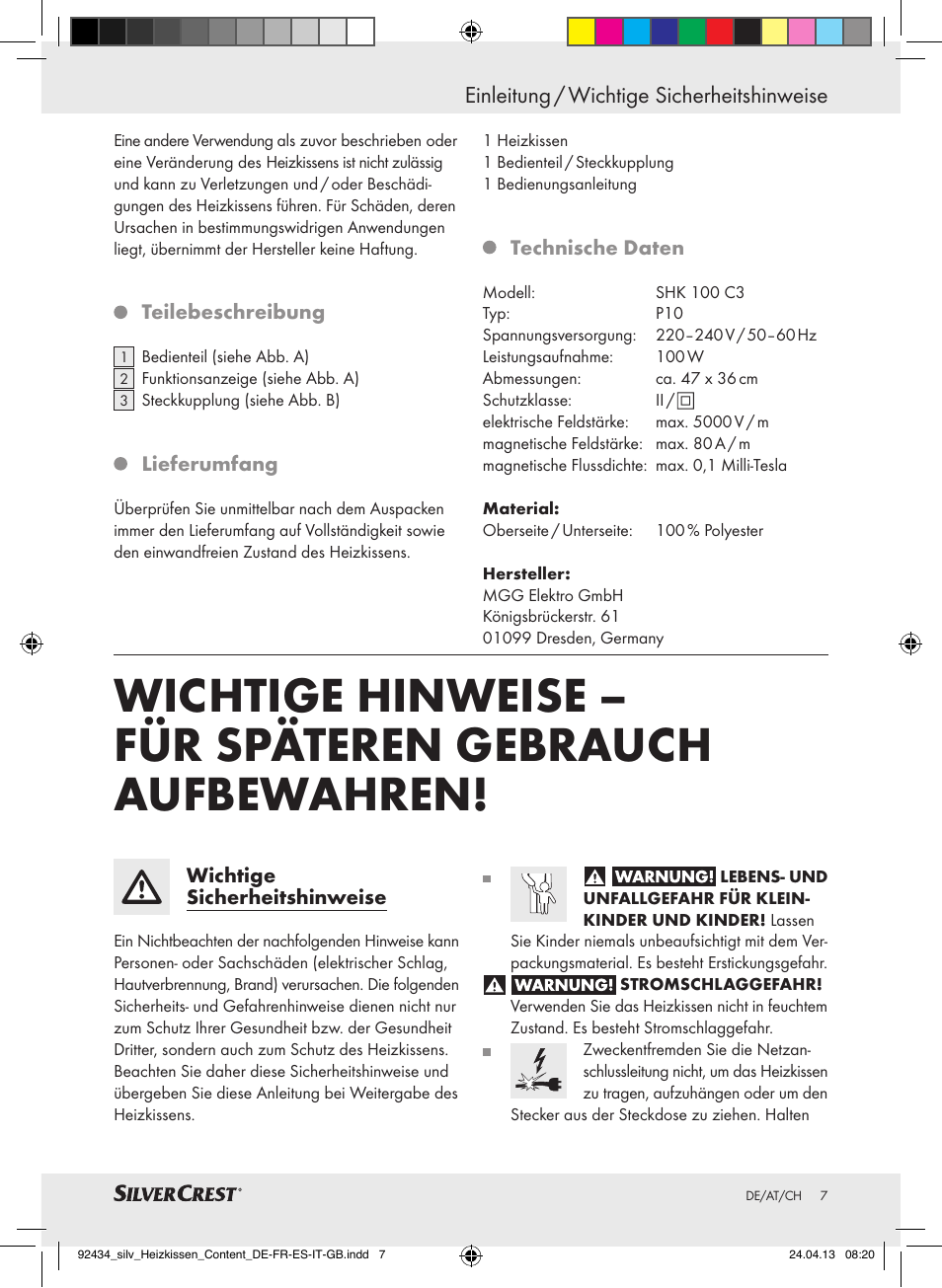 Einleitung / wichtige sicherheitshinweise | Silvercrest SHK 100 C3 User Manual | Page 7 / 45