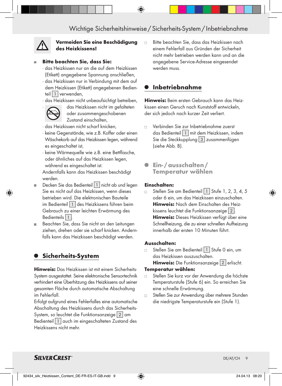 Sicherheits-system, Inbetriebnahme, Ein- / ausschalten / temperatur wählen | Silvercrest SHK 100 C3 User Manual | Page 9 / 45