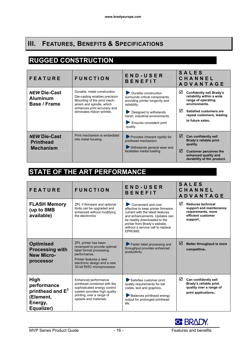 Iii. f, Rugged construction, State of the art performance | Eatures, Enefits, Pecifications | Datamax 200MVP User Manual | Page 16 / 30