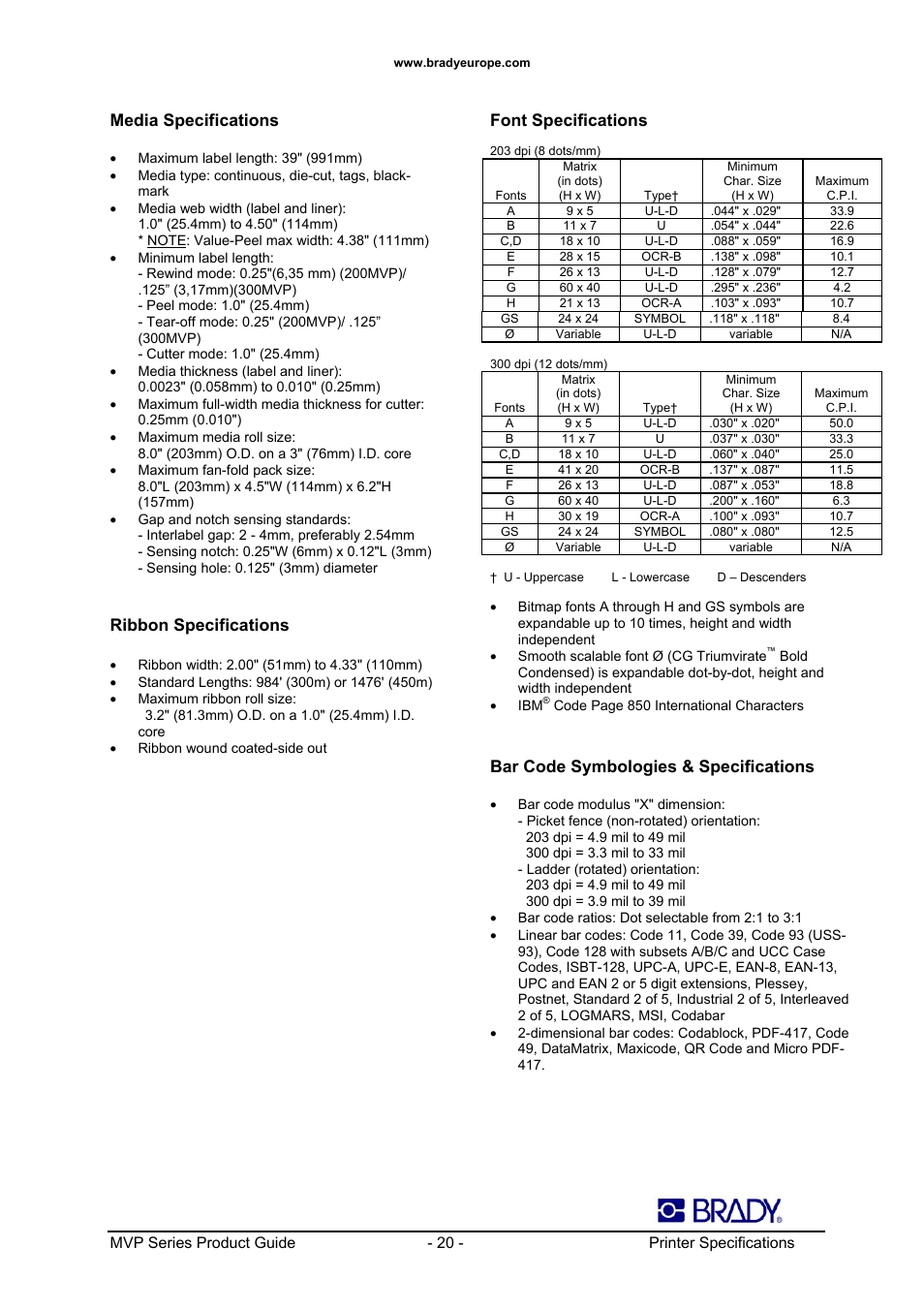 Media specifications, Ribbon specifications, Font specifications | Bar code symbologies & specifications | Datamax 200MVP User Manual | Page 20 / 30