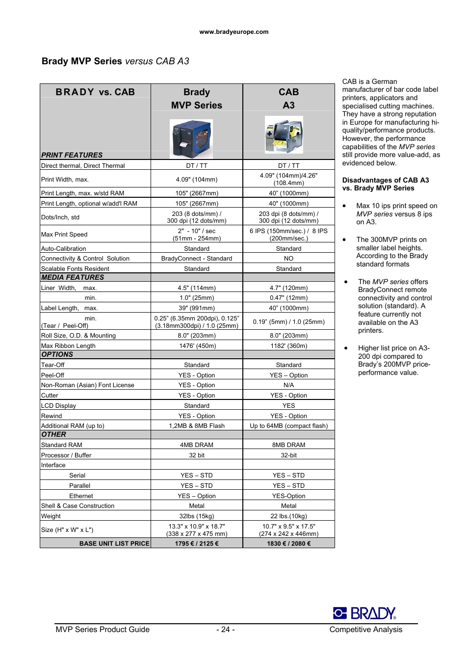 Brady mvp series versus cab a3, Brady mvp series cab a3 | Datamax 200MVP User Manual | Page 24 / 30