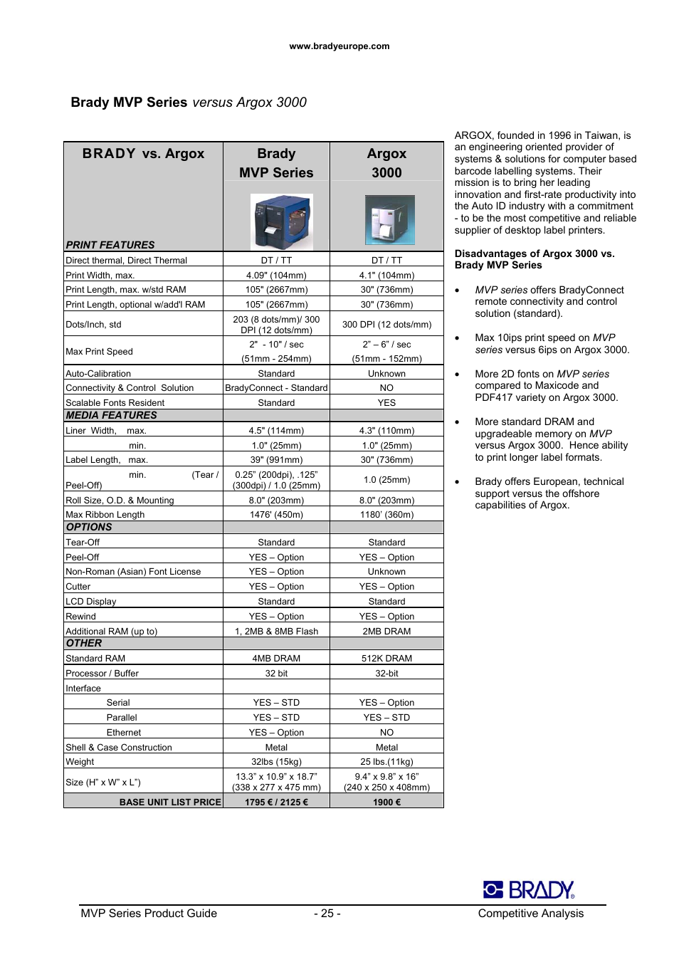 Brady mvp series, Versus argox 3000, Brady vs. argox | Brady mvp series argox 3000 | Datamax 200MVP User Manual | Page 25 / 30