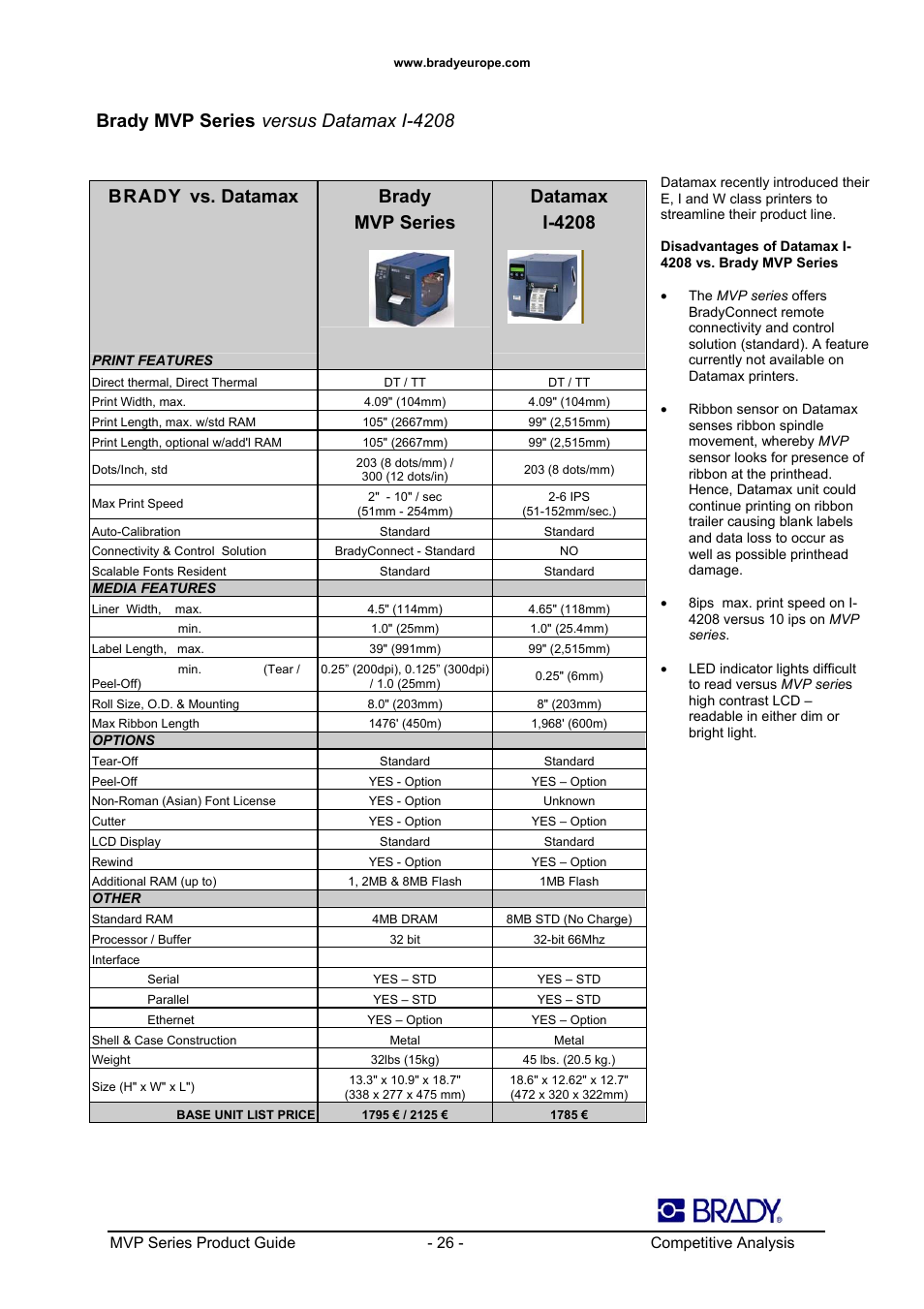 Brady mvp series, Versus datamax i-4208, Brady vs. datamax | Brady mvp series datamax i-4208 | Datamax 200MVP User Manual | Page 26 / 30