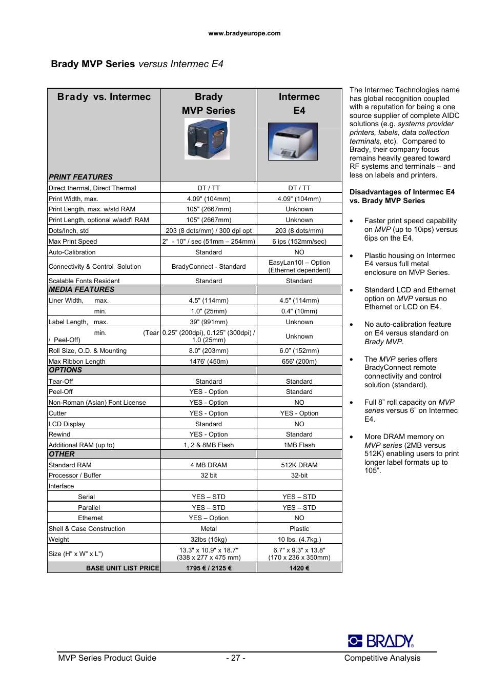 Brady mvp series, Versus intermec e4, Brady vs. intermec | Brady mvp series intermec e4 | Datamax 200MVP User Manual | Page 27 / 30