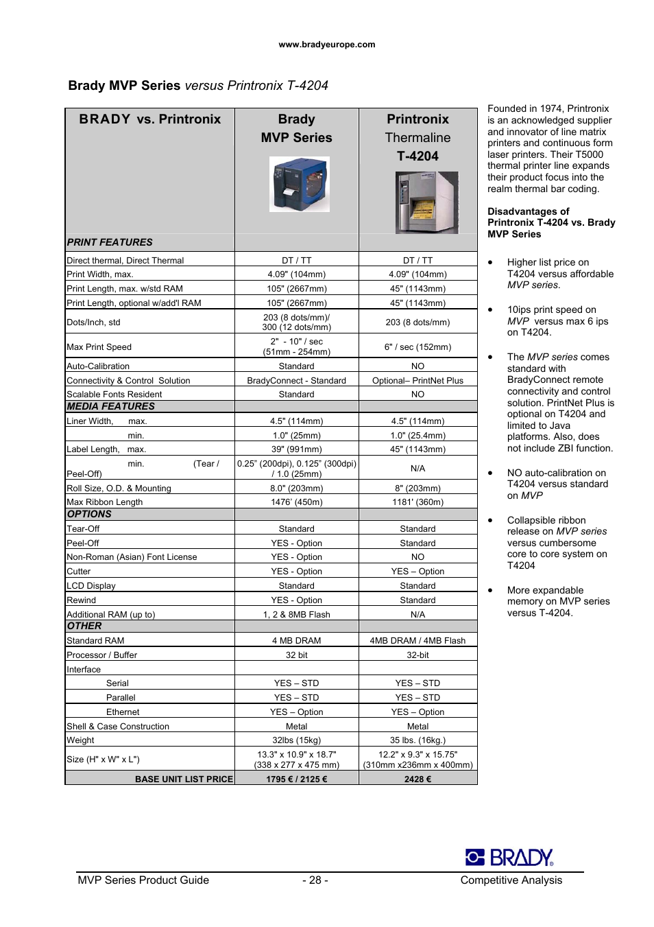 Brady mvp series versus printronix t-4204, Brady vs. printronix, Brady mvp series printronix thermaline t-4204 | Datamax 200MVP User Manual | Page 28 / 30