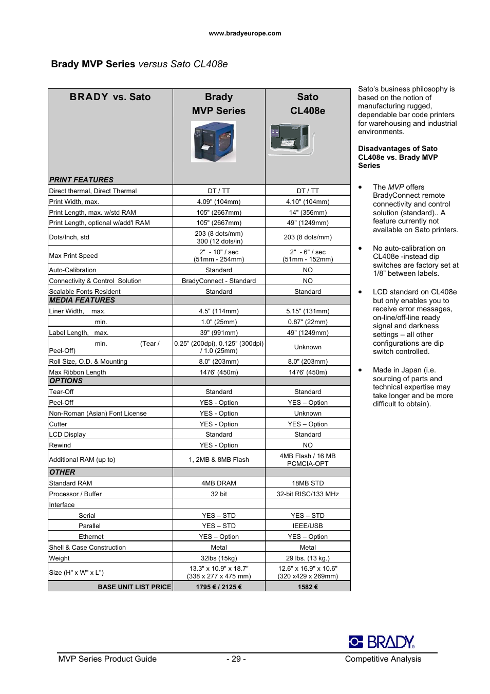 Brady mvp series versus sato cl408e, Brady vs. sato, Brady mvp series sato cl408e | Datamax 200MVP User Manual | Page 29 / 30