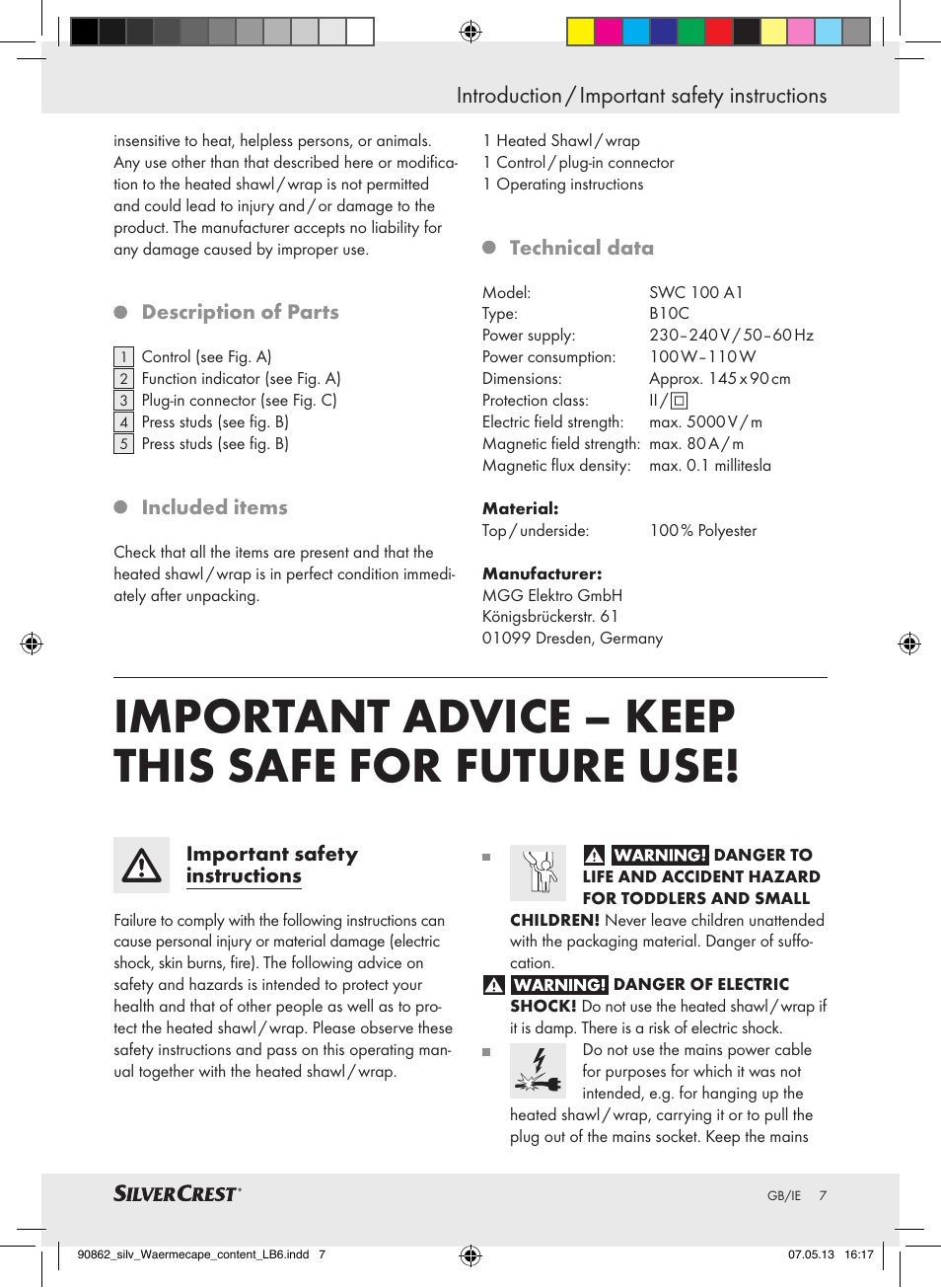 Important advice – keep this safe for future use, Introduction / important safety instructions | Silvercrest SWC 100 A1 User Manual | Page 7 / 13