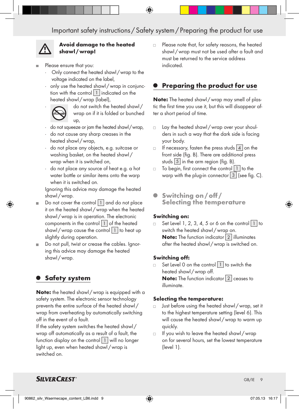 Safety system, Preparing the product for use, Switching on / off / selecting the temperature | Silvercrest SWC 100 A1 User Manual | Page 9 / 13