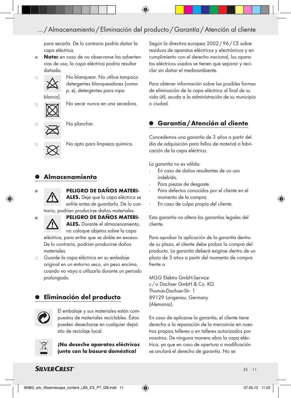 Almacenamiento, Eliminación del producto, Garantía / atención al cliente | Silvercrest SWC 100 A1 User Manual | Page 11 / 37